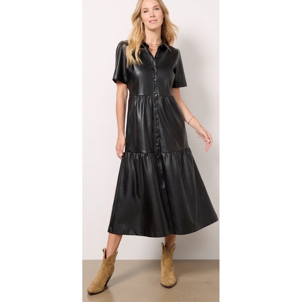Evereve Black Faux Leather Midi Button-Front Dress